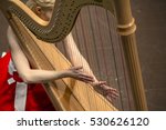 beautiful girl in a red dress playing the harp during concert at musical theater