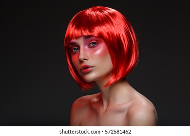 Beautiful Girl In Red Wig