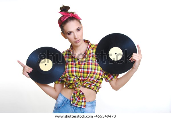 Foto de stock sobre Beautiful Girl Retro Pin Style Vinyl Foto de stock sobre Beautiful Girl Retro Pin Style Vinyl