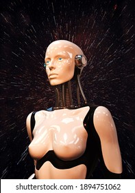 A beautiful girl - a robot against the background of a space explosion. The face and female breasts of the cyborg are very beautiful. Android in headphones. Artificial Intelligence. Blue eyes.