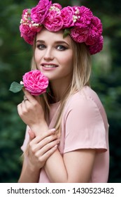 Beautiful Girl In Roses Wreath In Bulgaria In Sunrise. Series. Bride.