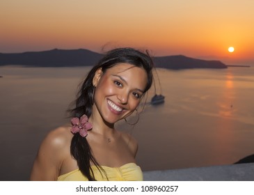 beautiful girl in Santorini island,Greece