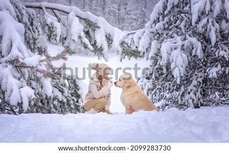 beautiful girl in a sheepskin coat and a hat with a golden retriever dog in a snowy forest in winter. New Year's and Christmas