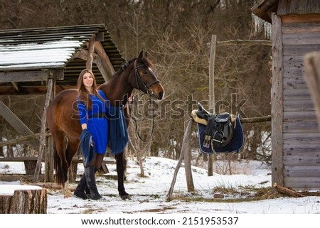 A beautiful girl in a short blue dress walks with a horse near the farm in winter