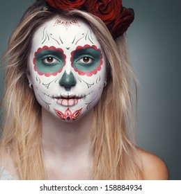 Beautiful Girl With A Skull Face Makeup