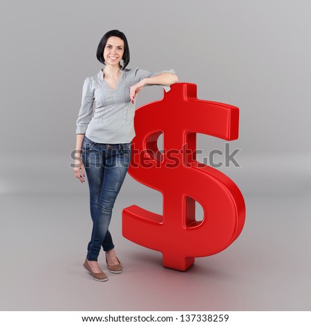Beautiful girl stand with a big dollar symbol