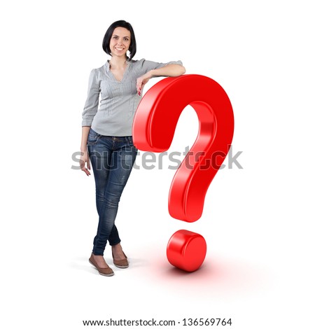 Beautiful girl stand with big question symbol