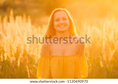 Similar – Image, Stock Photo laughing, blonde woman, sunset, field