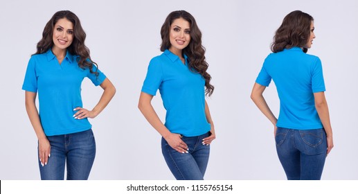 Beautiful girl in a t-shirt of blue color. Front view, look behind, side view. T-shirt template