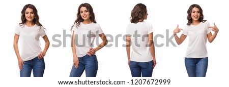 Beautiful girl in a t-shirt of white color. Front view, look behind, side view. T-shirt template