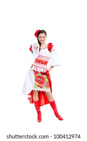 Beautiful Girl In Ukrainian Polish National Traditional Costume Clothes Point Finger At You Happy Smile, Portrait Isolated Over White Background