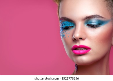 Beautiful girl view in pop art style with bright makeup