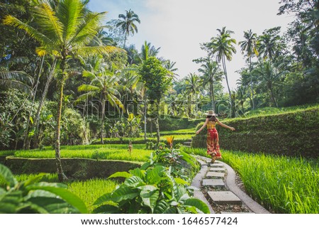 Beautiful girl visiting the Bali rice fields in tegalalang, ubud. Concept about people, wanderlust traveling and tourism lifestyle