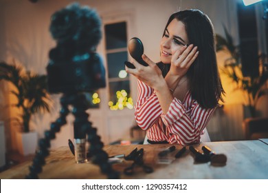 Beautiful Girl Vlogger Showing 10 Tips Minimal Makeup Looks Recording Video Content For Blog, Modern Technology Concept, Woman Fashion Vlogger Sharing Beauty Tips With Followers Via Social Networks