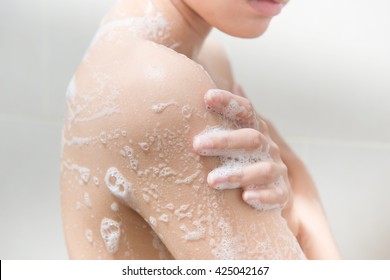 Beautiful Girl Washing Her Body Shower Gel