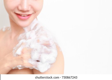 Beautiful Girl Washing Her Body Shower Gel In Bathroom.