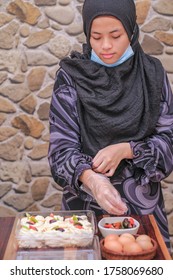 Beautiful Girl Wearing Hijab Making Pavlova Dessert Food Industry