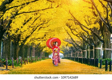 Beautiful girl wearing japanese traditional kimono at row of yellow ginkgo tree in autumn. Autumn park in Tokyo, Japan.