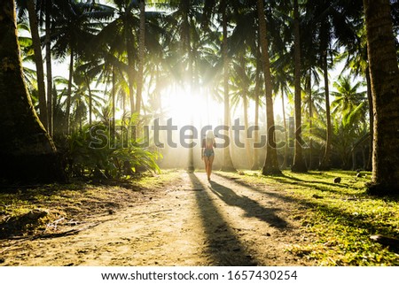 A beautiful  girl wearing a large hat and a red bikini is walking on a path surrounded by coconut palm trees illuminated by a stunning sunset in the background. Siargao Island, Philippines.