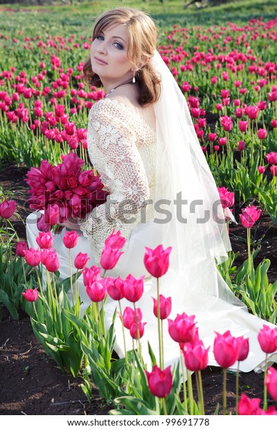 Beautiful Girl Wedding Dress Tulips Field Stock Photo Edit Now