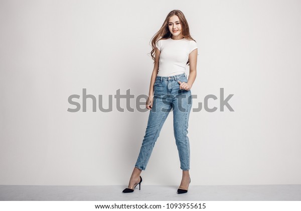 Beautiful Girl White Tshirt Blue Jeans Stock Photo Edit Now