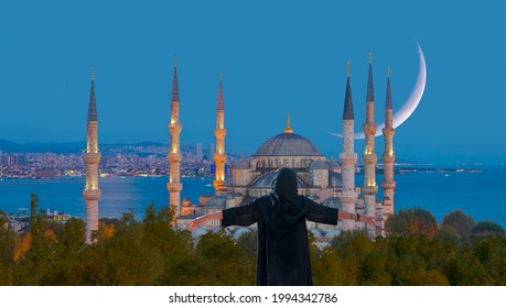 Beautiful Girl Or Woman Wearing Traditional Dress - The Blue Mosque (Sultanahmet) With Crescent Moon (new Moon) - Istanbul, Turkey