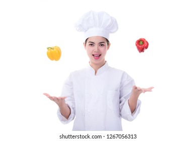 Beautiful Girls Chef With Vegetable.Natural And Meal Concept. Women Asia And Vegetables On White Background.