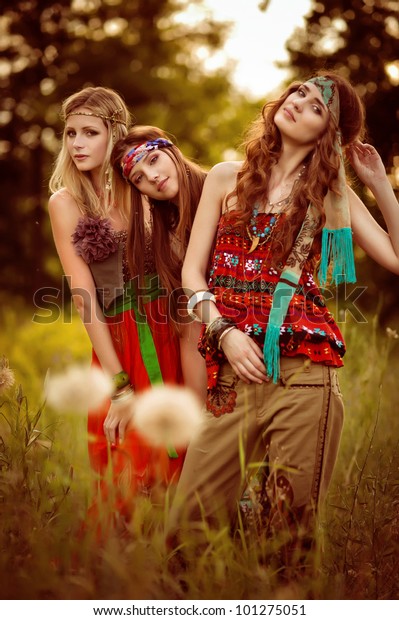 Beautiful Girls Hippie Field Stock Photo (Edit Now) 101275051