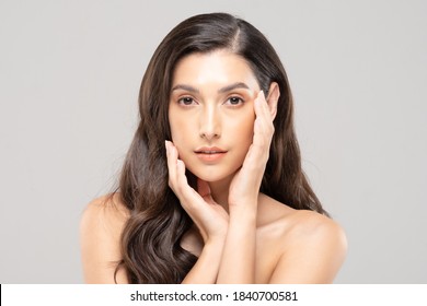 Beautiful Glamour Indian Woman Touch Cheek Smile With Clean And Fresh Skin Happiness And Cheerful With Positive Emotional,isolate On Grey Background,Beauty Cosmetics And Spa Facial Treatment Concept