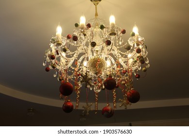 Beautiful, Glass Chandelier In The Bedroom