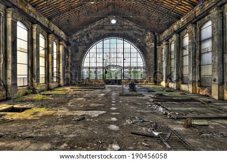 Beautiful glass wall inside the hall of an abandoned coal mine, hdr processing