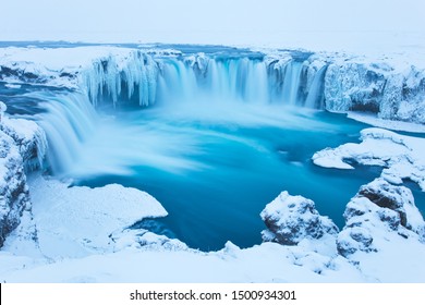 Beautiful Godafoss-Waterfall in Winter Covered in Snow, Iceland - Powered by Shutterstock