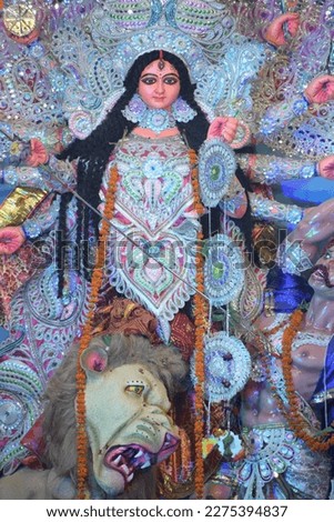 Beautiful Goddess Durga Maa, Goddess Durga idol decorated at puja pandal in Prayagraj