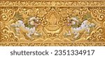 Beautiful golden carving of the mythical lion on the sanctuary Buddhist church wall 