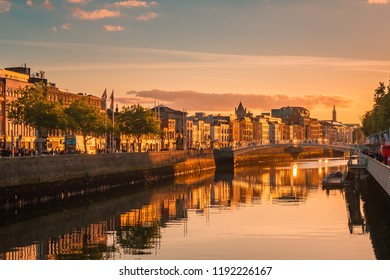 Beautiful golden hour view over Dublin city center in Dublin, Ireland
