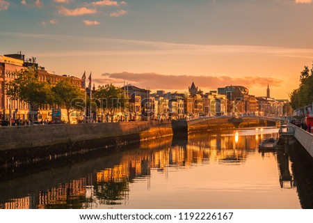 Beautiful golden hour view over Dublin city center in Dublin, Ireland