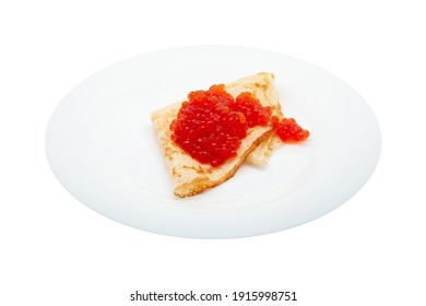 beautiful golden pancake with red caviar on a white plate isolated on a white background for your design or advertising