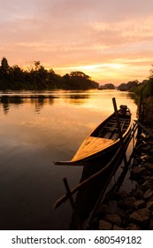 Beautiful Golden Sunrise On Don Det In South Laos. Landscape Of Nature Taken On Four Thousands Islands Si Phan Don On Mekhong River In South East Asia During Summer Morning.