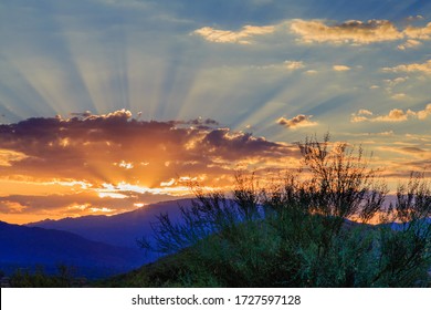 A Beautiful Golden Sunrise Over The Rincon Mountains Of Tucson.