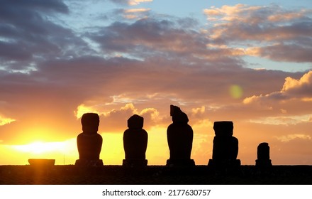 Beautiful Golden Sunset Over Moai Statues In Hanga Roa, Easter Island, Chile