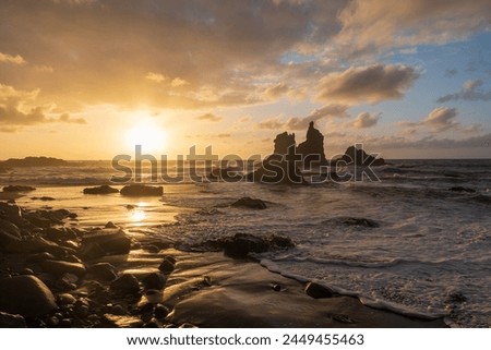 Similar – Image, Stock Photo Sunset at Playa de las Catedrales , Spain