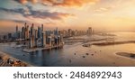 Beautiful, golden sunset view of the modern skyline at Dubai Marina skyline, United Arab Emirates