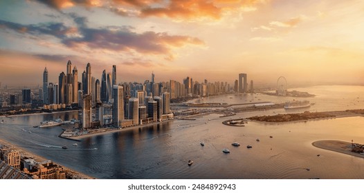 Beautiful, golden sunset view of the modern skyline at Dubai Marina skyline, United Arab Emirates - Powered by Shutterstock