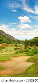 Beautiful Golf Field Landscape With Cloudy Blue Sky. Thailand, Hua Hin