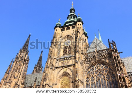 Beautiful gothic St. Vitus' Cathedral on Prague Castle with blue Sky