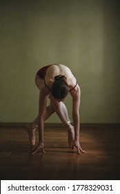 Beautiful Graceful Young Ballerina In Pointe Shoes Dancing On The Brown Wooden Floor Background. Female Stretching Indoors Toes Professional Arts. Back Of Ballet Dancer