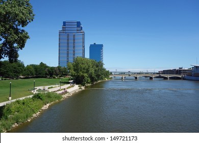 Beautiful Grand River in Grand Rapids, Michigan, with man-made rapids.