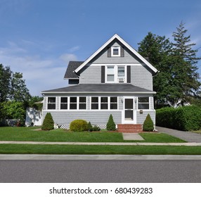 Beautiful Gray Suburban Home Gable Style House Blue Sky Clouds USA