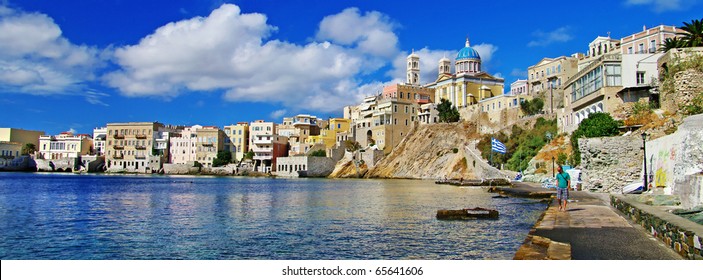 Beautiful Greek Islands Series - Panorama Of Beautiful Ermoupoli Capital Town Of Cyclades 