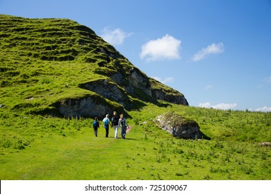 Beautiful Green Fields And Hills Of Ireland, Hiking Family With Children